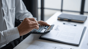 Person reviewing paperwork and doing calculations with a calculator.